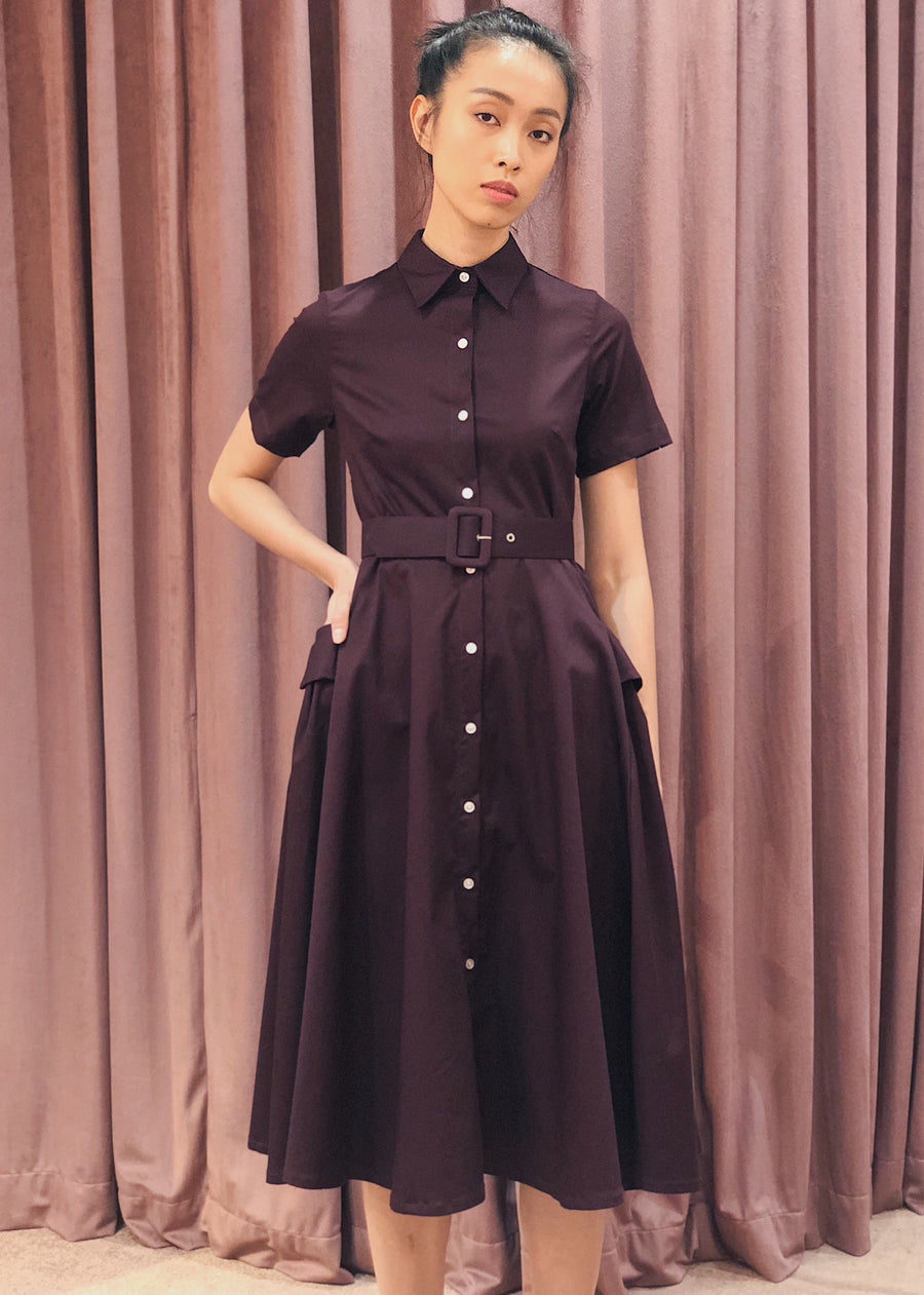 Button Down Belted Pleated Pocket Detail Midi Dress | Maroon
