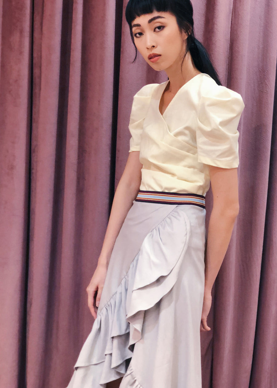 Elastic Waist Ruffled Layered Overlap Midi Skirt | Grey