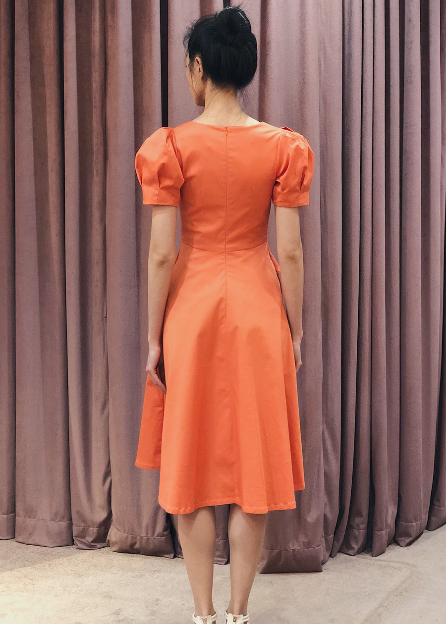 Puff Sleeve Overlap Skirt Midi Dress | Coral