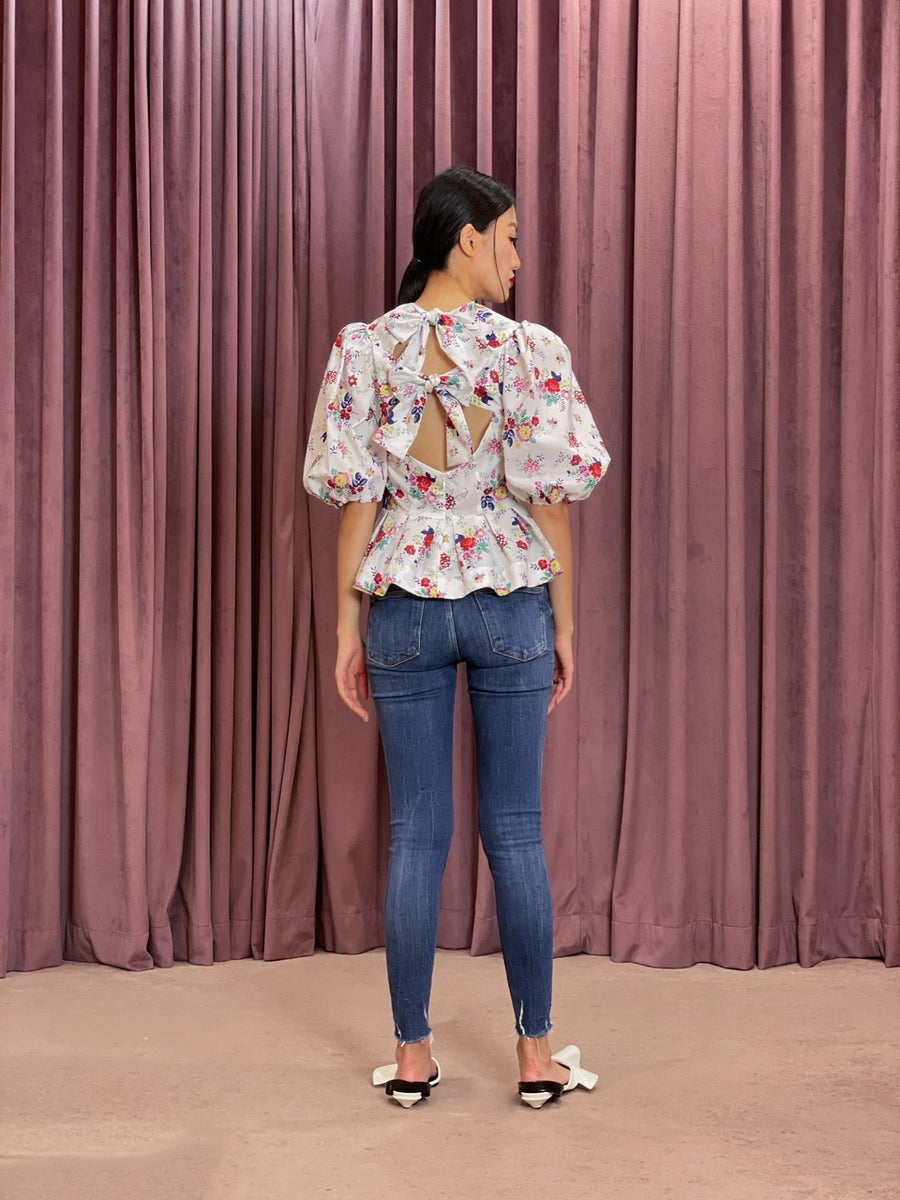 Exaggerated Puff Sleeve Double Bow Tie Back Peplum Top | White Floral