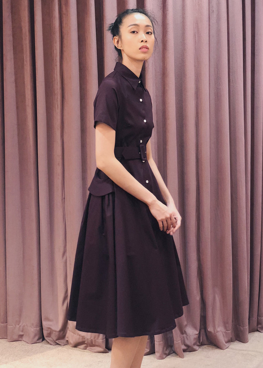 Button Down Belted Pleated Pocket Detail Midi Dress | Maroon