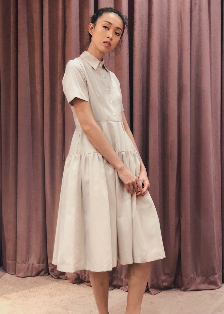 Button Down Gathered Flared Skirt Midi Dress | Beige