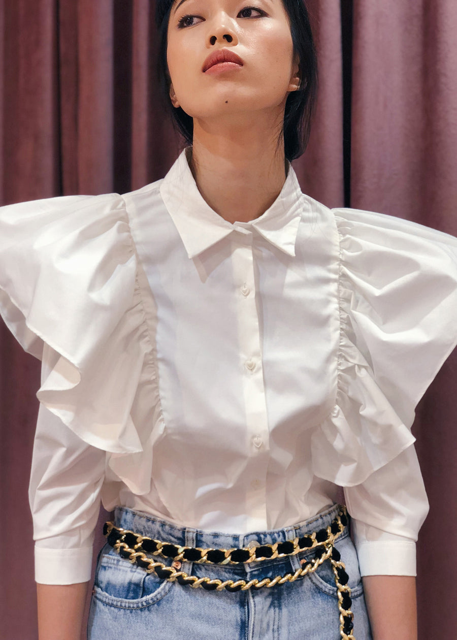 Oversized Ruffled Shoulder Button Down Top |  White