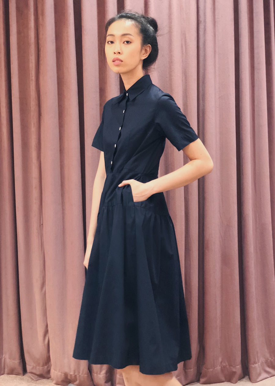 Button Down Gathered Flared Skirt Midi Dress | Navy