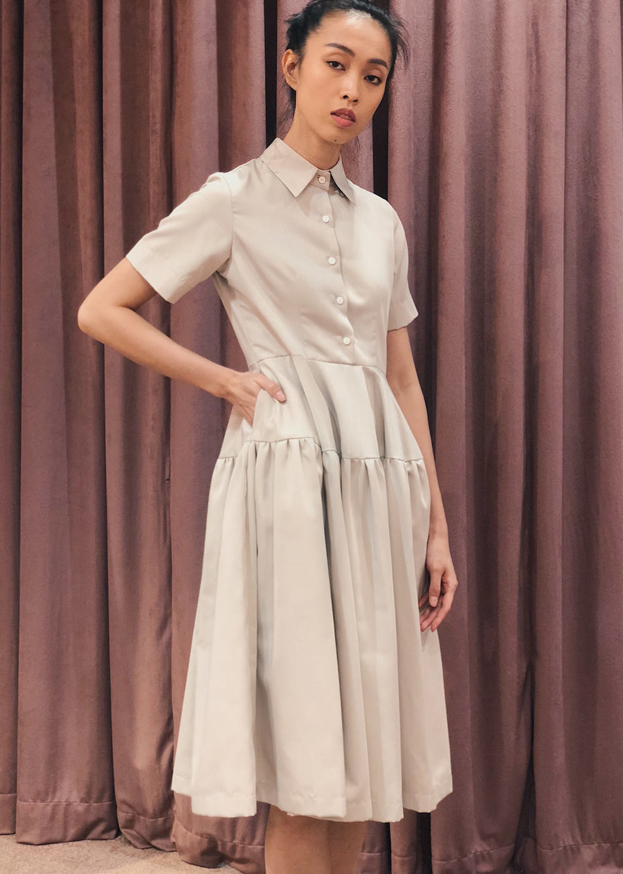 Button Down Gathered Flared Skirt Midi Dress | Beige