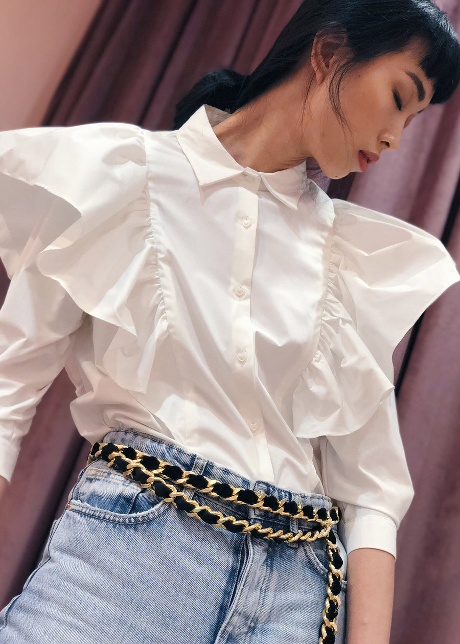 Oversized Ruffled Shoulder Button Down Top |  White
