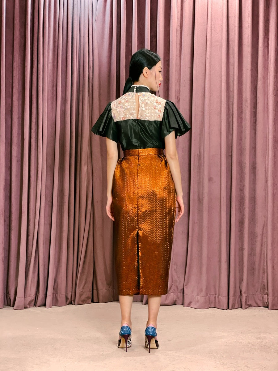 Pleated Brocade Pencil Skirt | Bronze Chevron
