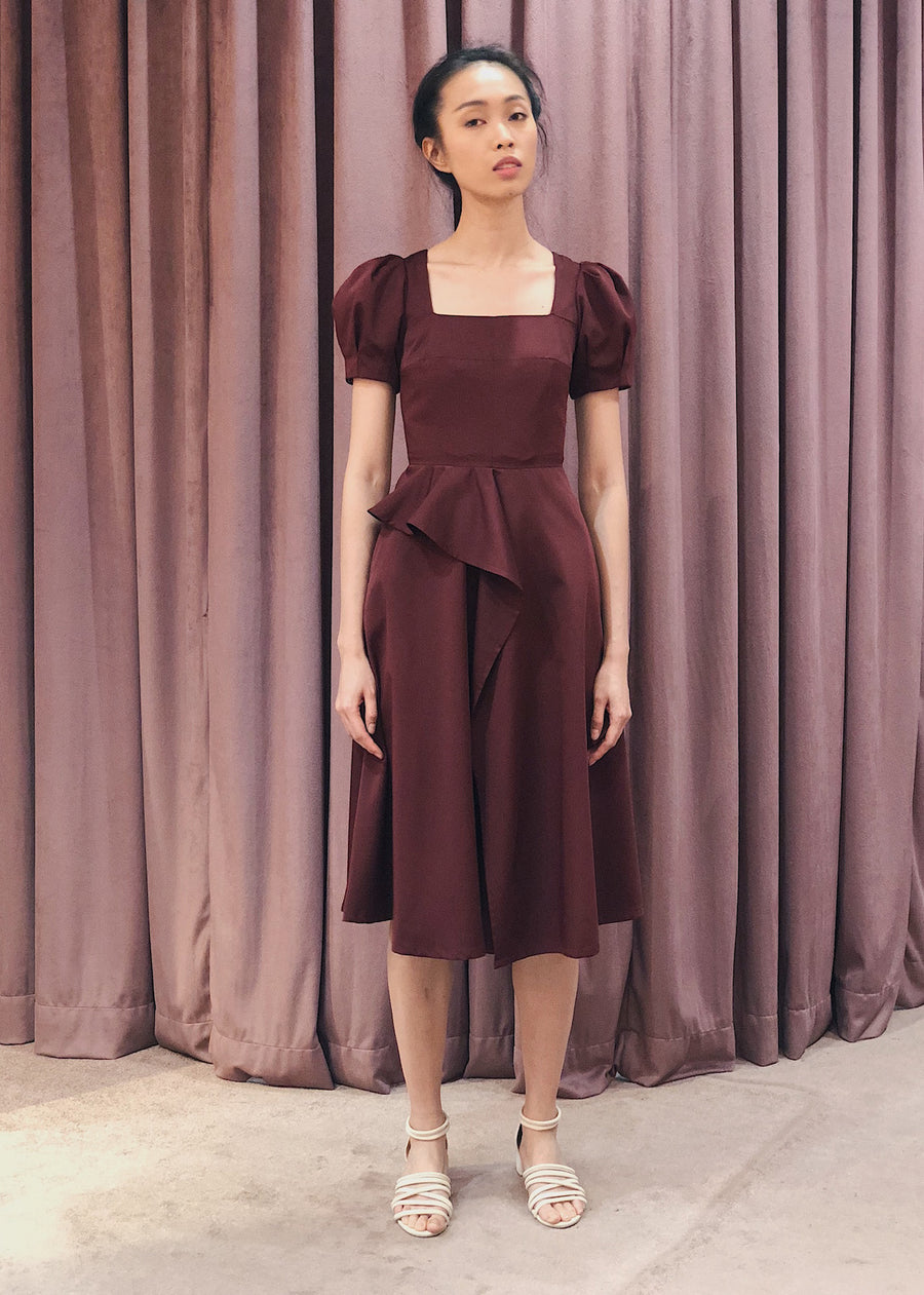 Puff Sleeve Overlap Skirt Midi Dress | Maroon