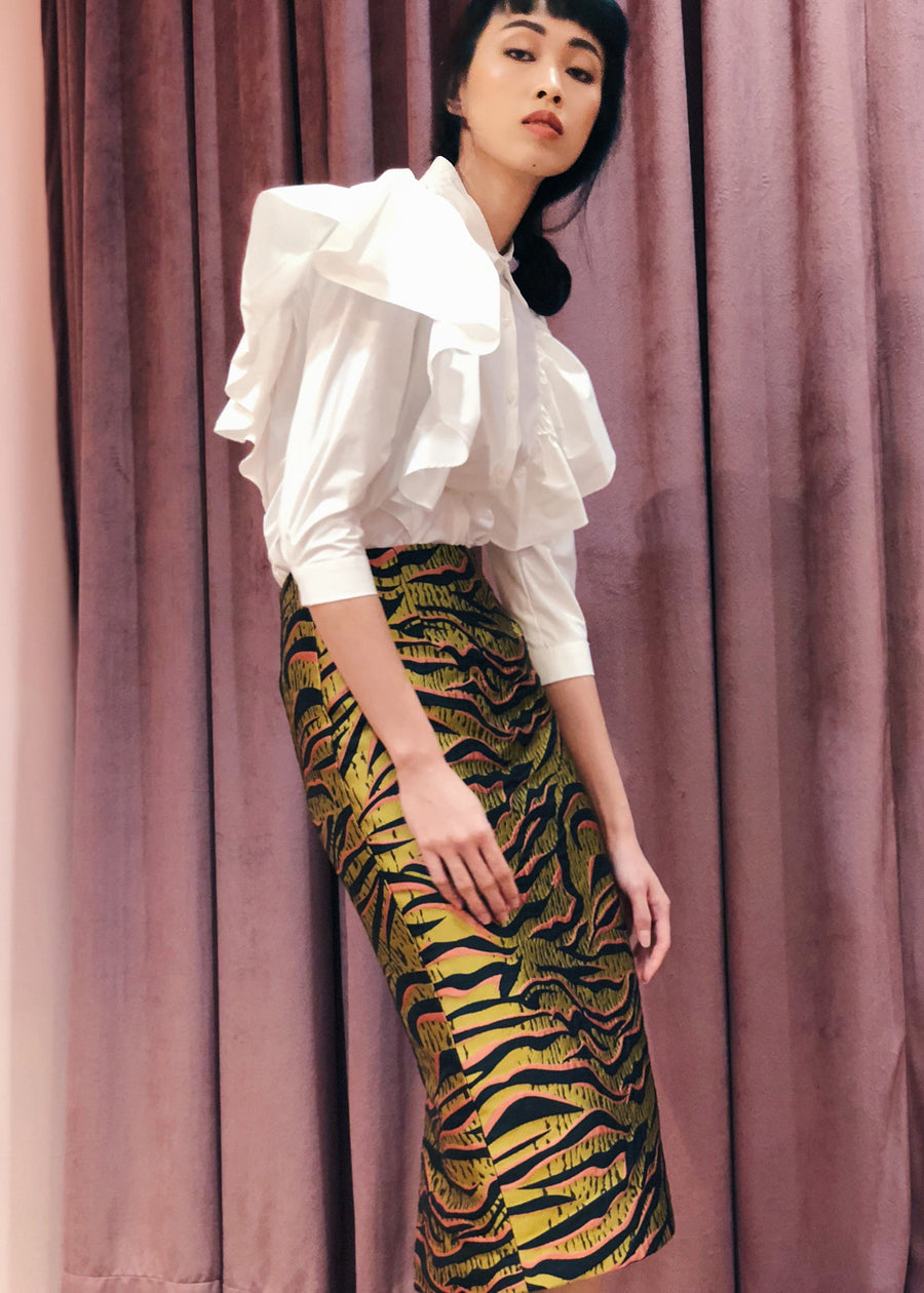 Oversized Ruffled Shoulder Button Down Top |  White