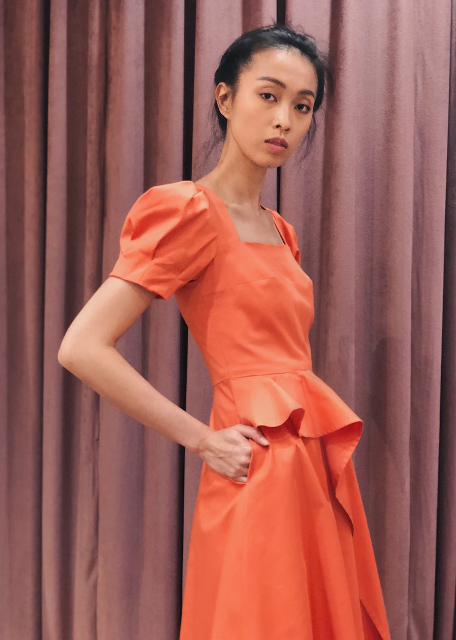 Puff Sleeve Overlap Skirt Midi Dress | Coral