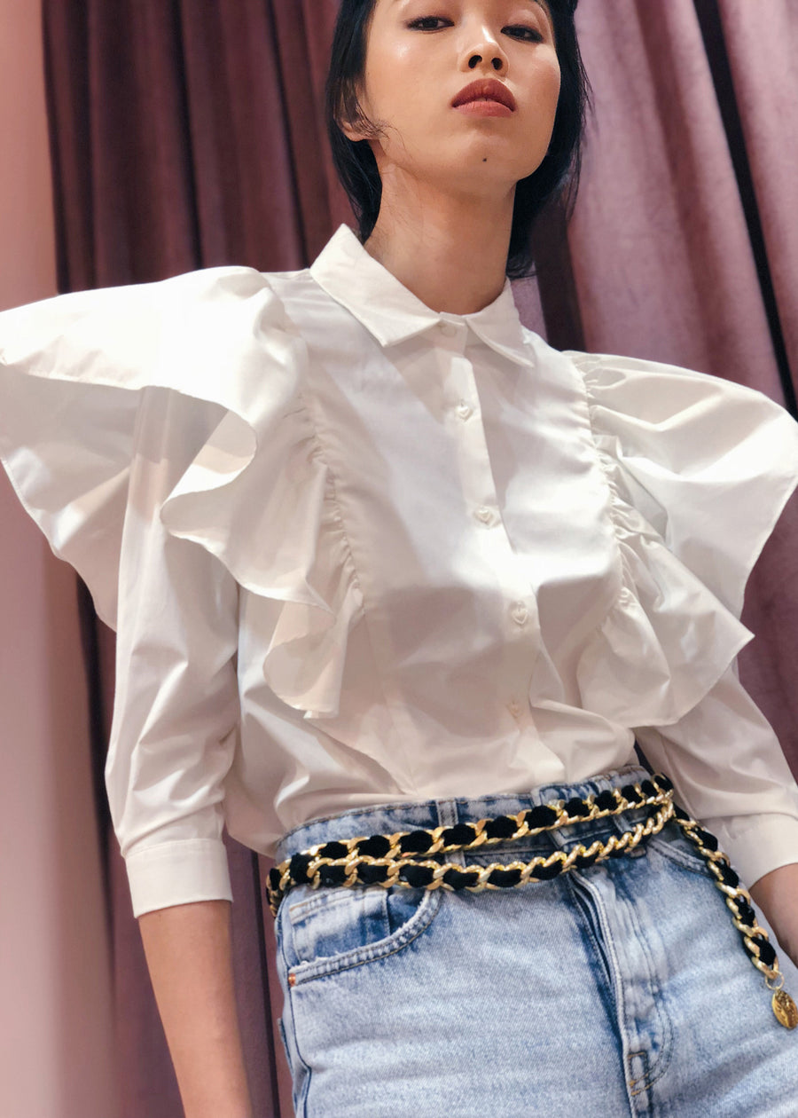 Oversized Ruffled Shoulder Button Down Top |  White
