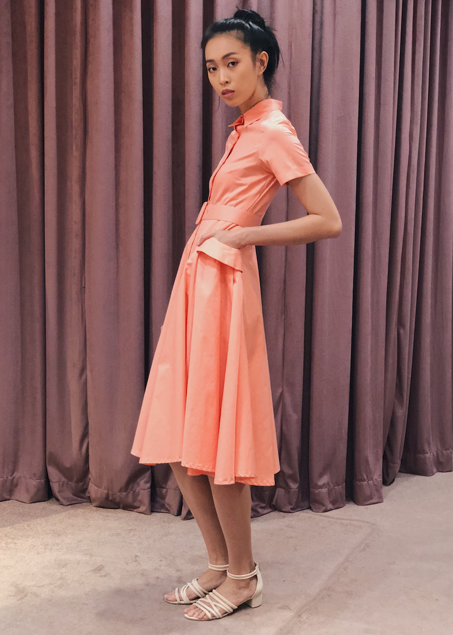 Button Down Belted Pleated Pocket Detail Midi Dress | Coral