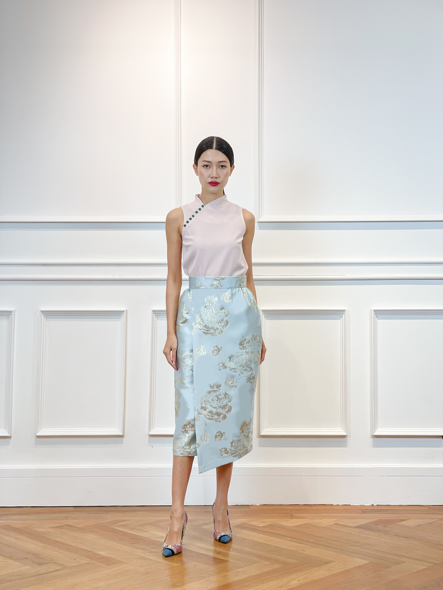 Brocade Overlap Pocket Pencil Skirt | Blue and Gold