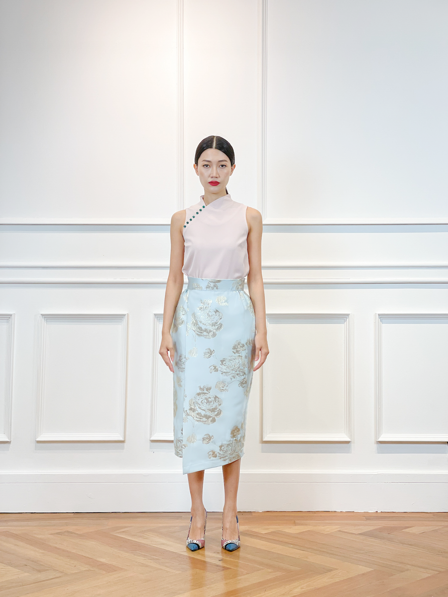 Brocade Overlap Pocket Pencil Skirt | Blue and Gold