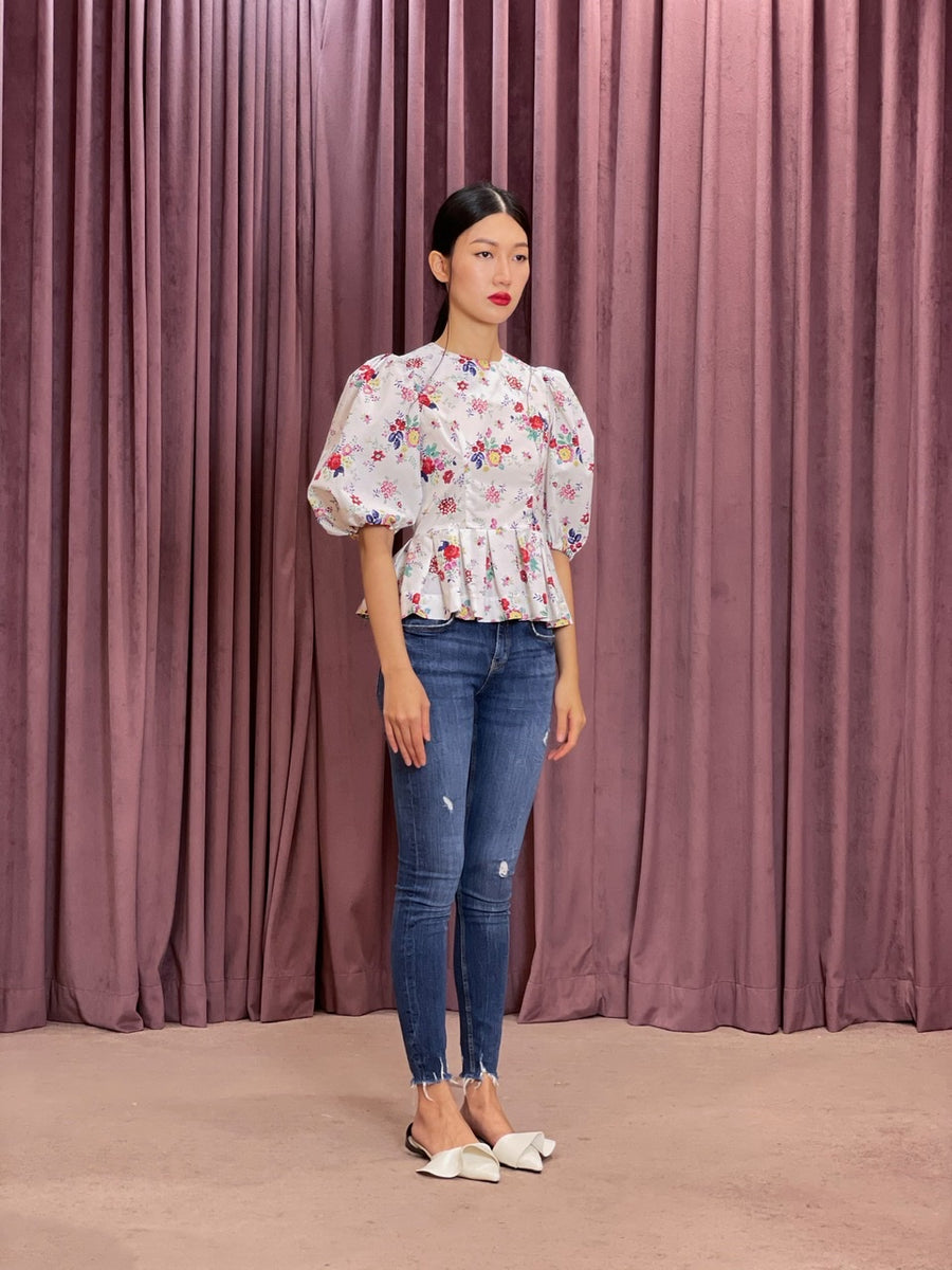 Exaggerated Puff Sleeve Double Bow Tie Back Peplum Top | White Floral