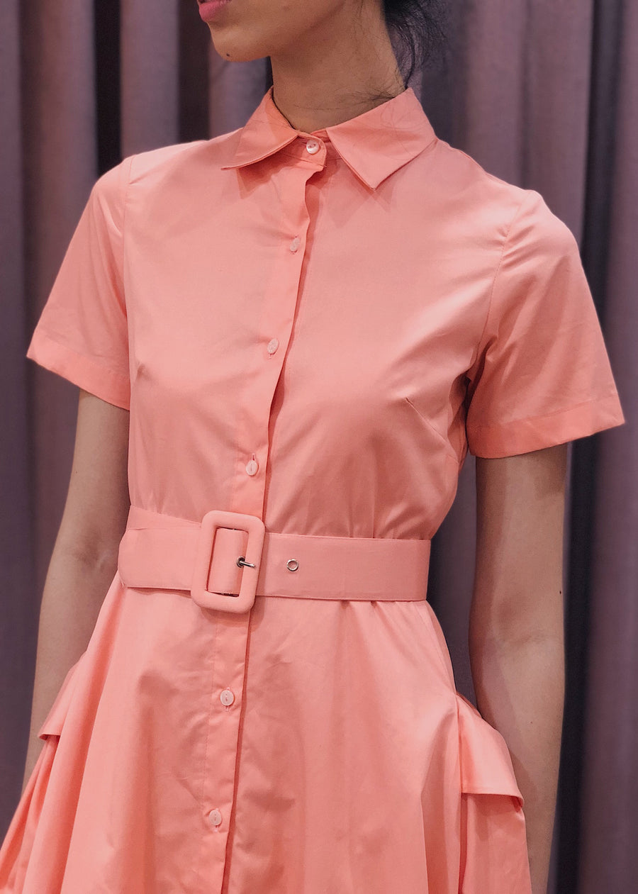 Button Down Belted Pleated Pocket Detail Midi Dress | Coral