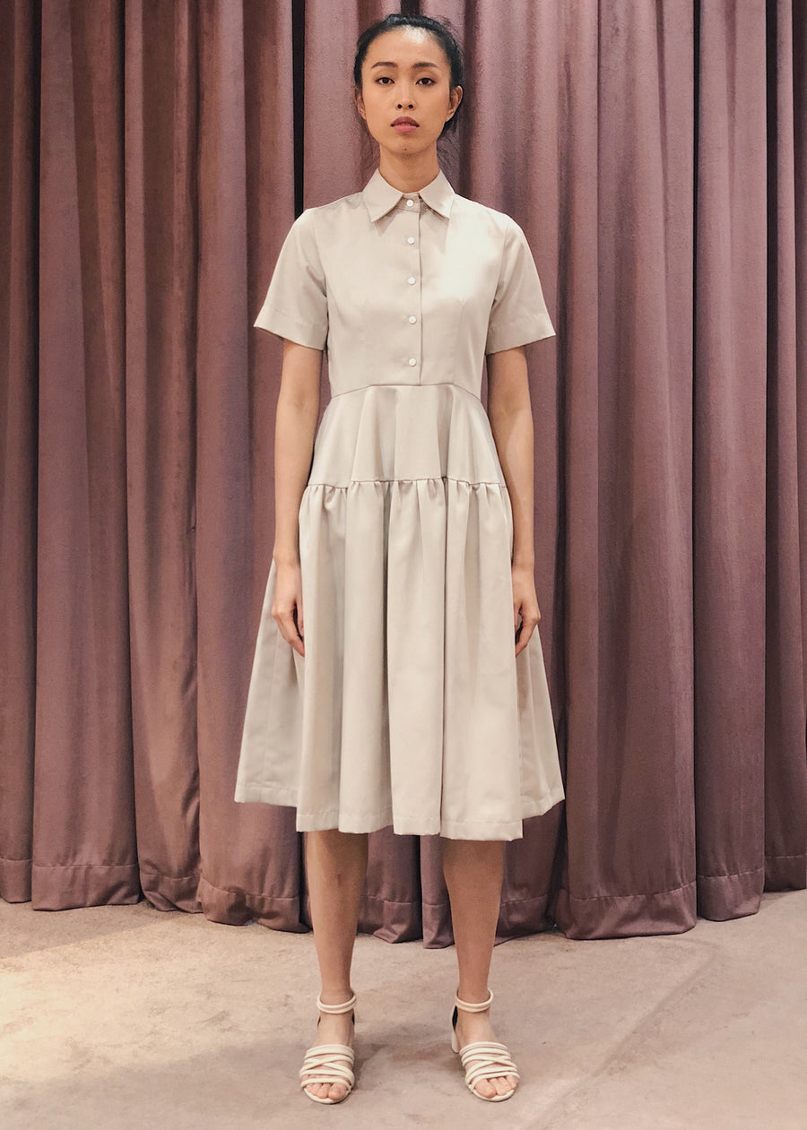 Button Down Gathered Flared Skirt Midi Dress | Beige