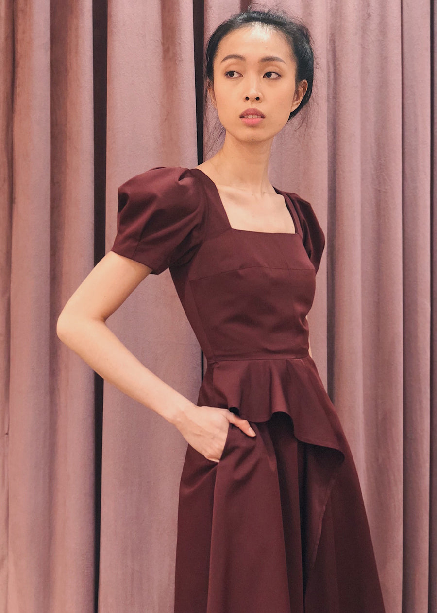 Puff Sleeve Overlap Skirt Midi Dress | Maroon