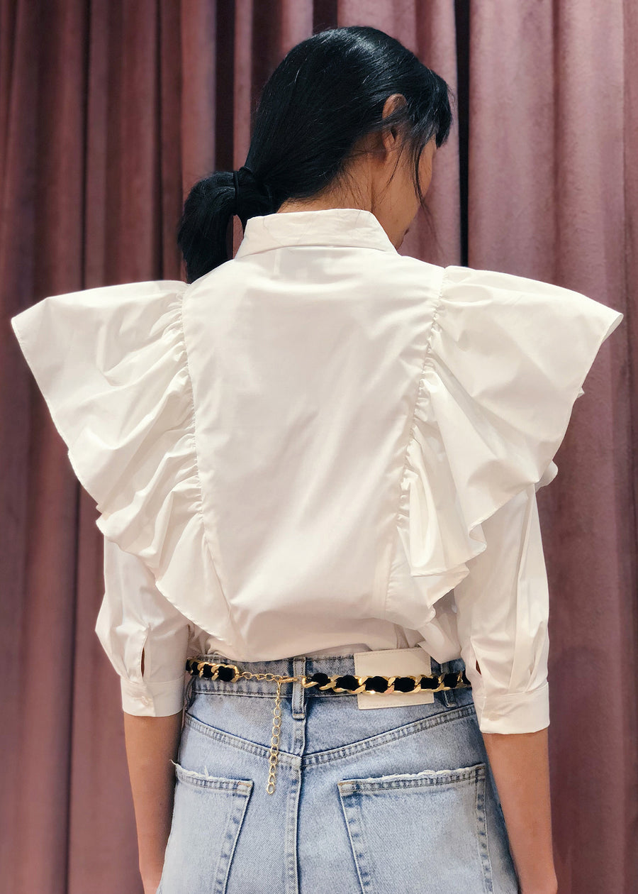 Oversized Ruffled Shoulder Button Down Top |  White