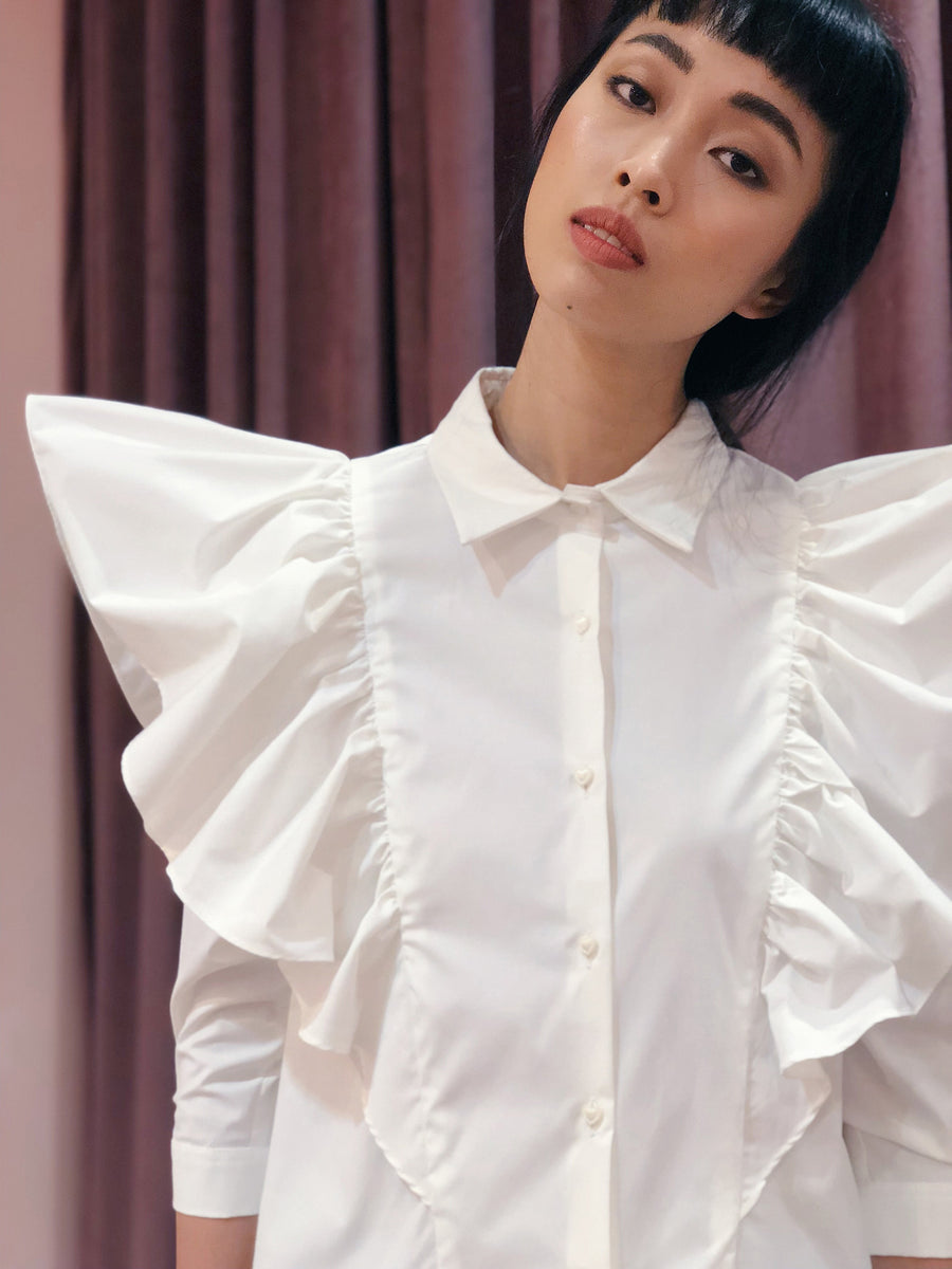 Oversized Ruffled Shoulder Button Down Top |  White