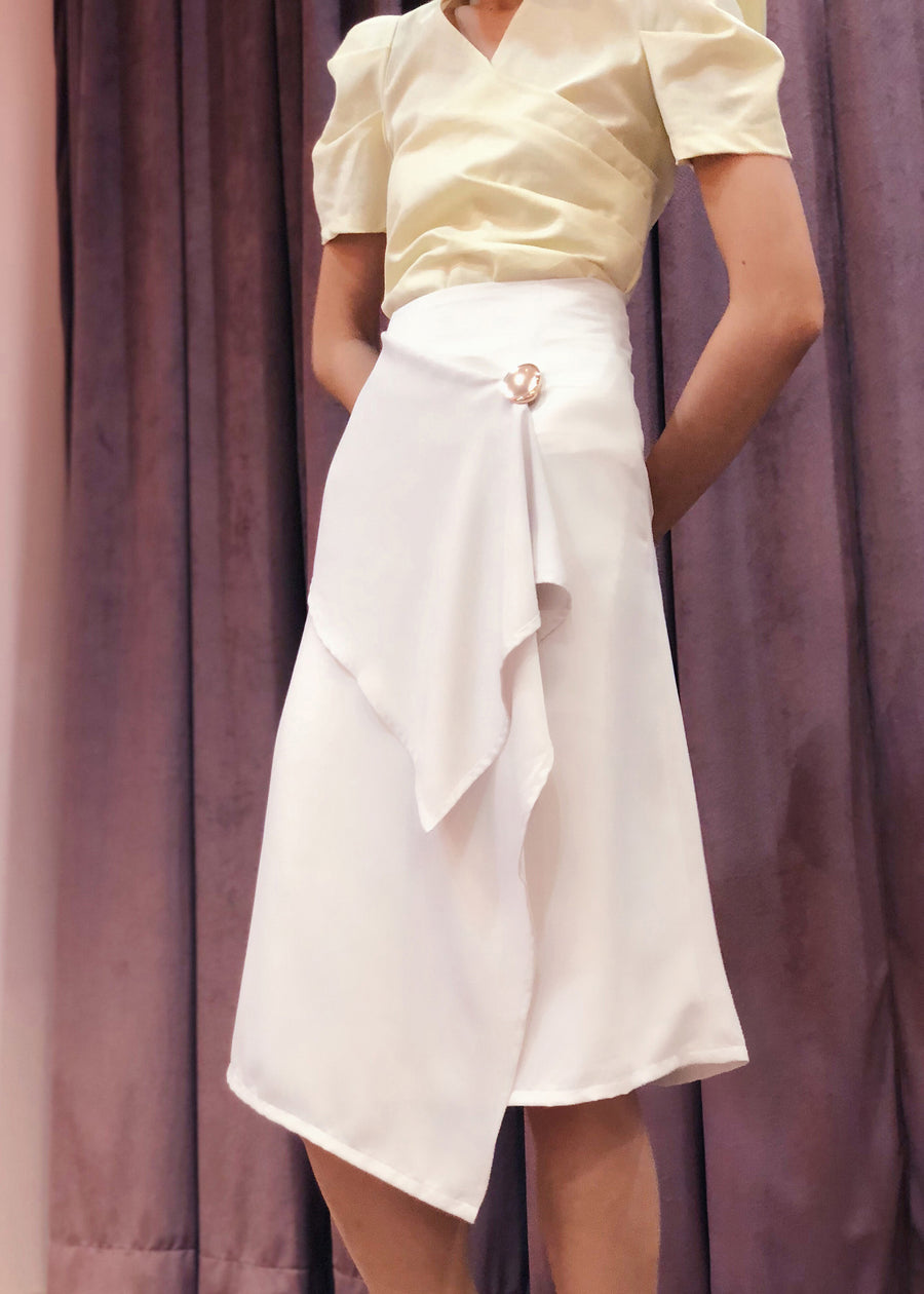Asymmetrical Handkerchief Wrap Skirt with Button Accent | Light Grey