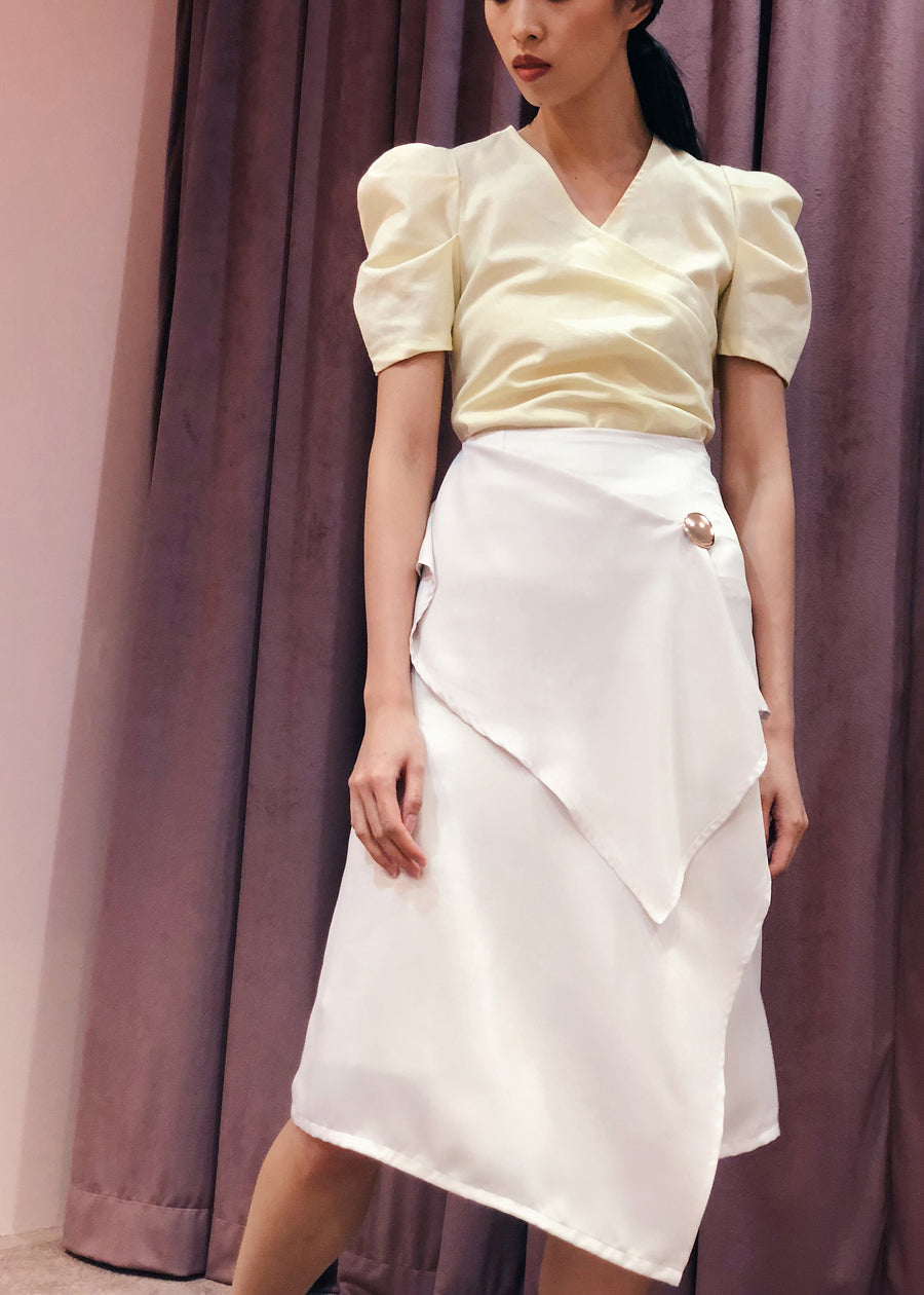 Asymmetrical Handkerchief Wrap Skirt with Button Accent | Light Grey