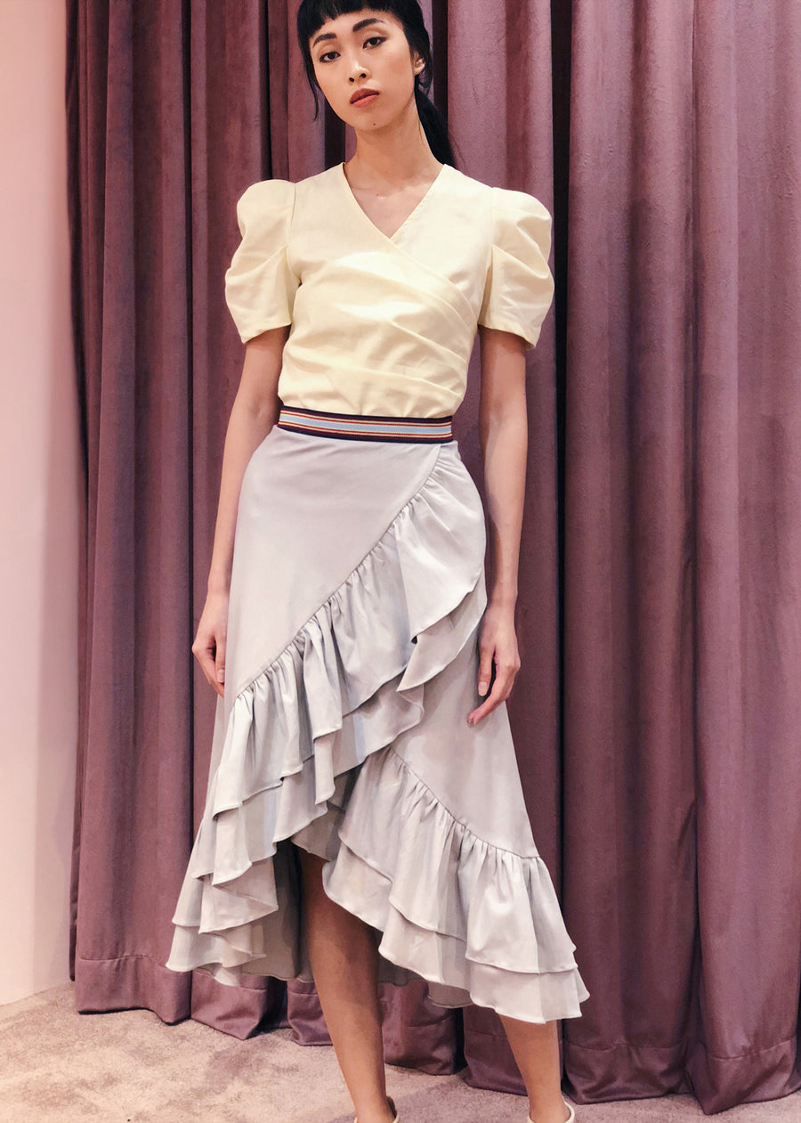Elastic Waist Ruffled Layered Overlap Midi Skirt | Grey