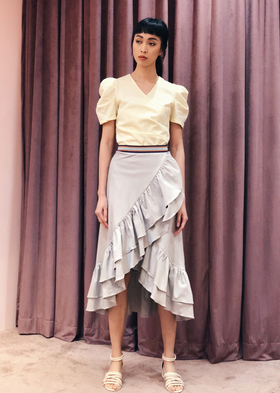 Elastic Waist Ruffled Layered Overlap Midi Skirt | Grey