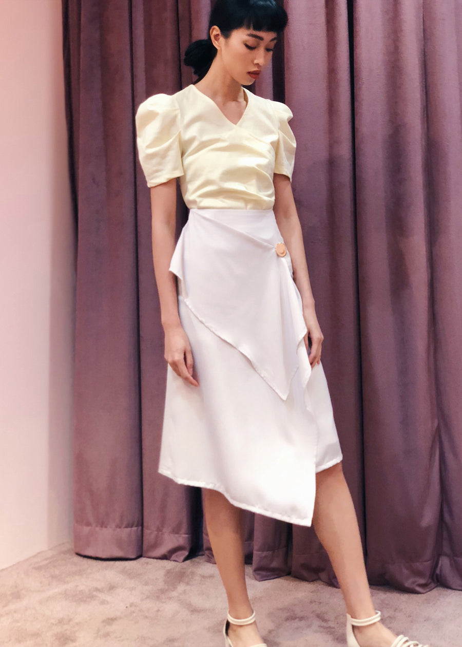 Asymmetrical Handkerchief Wrap Skirt with Button Accent | Light Grey
