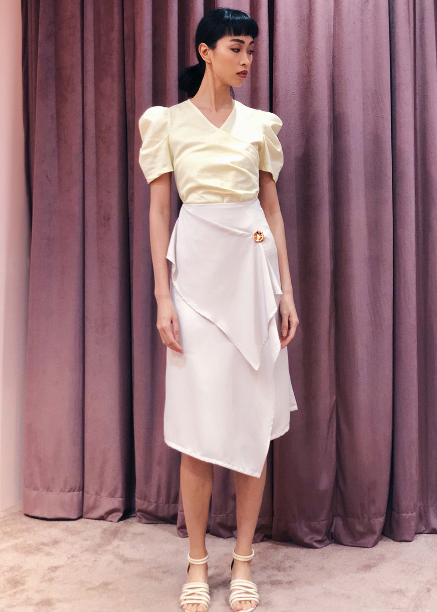Asymmetrical Handkerchief Wrap Skirt with Button Accent | Light Grey