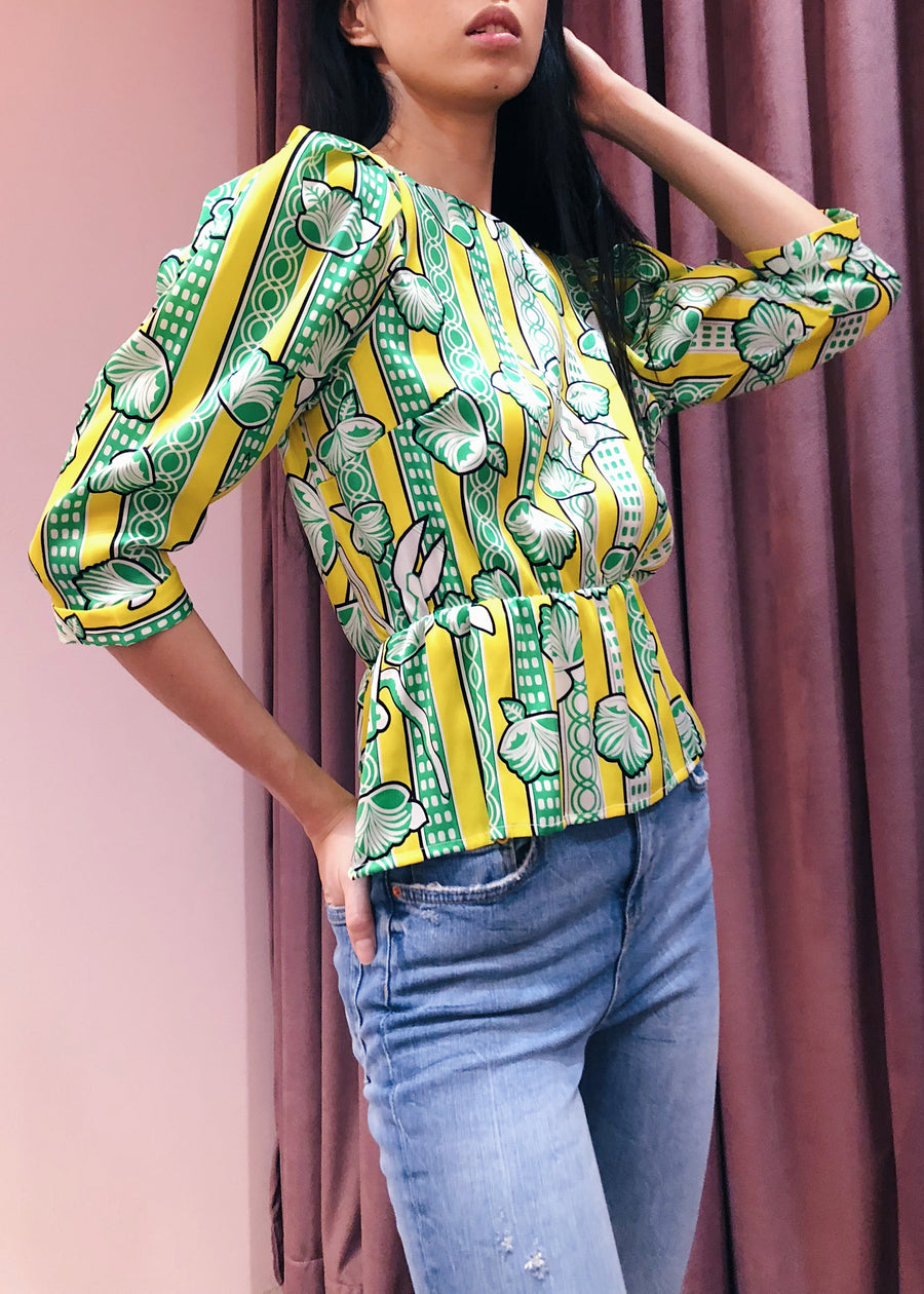 Pleated Shoulder Crossover Back Rhinestone Button Peplum Top | Green