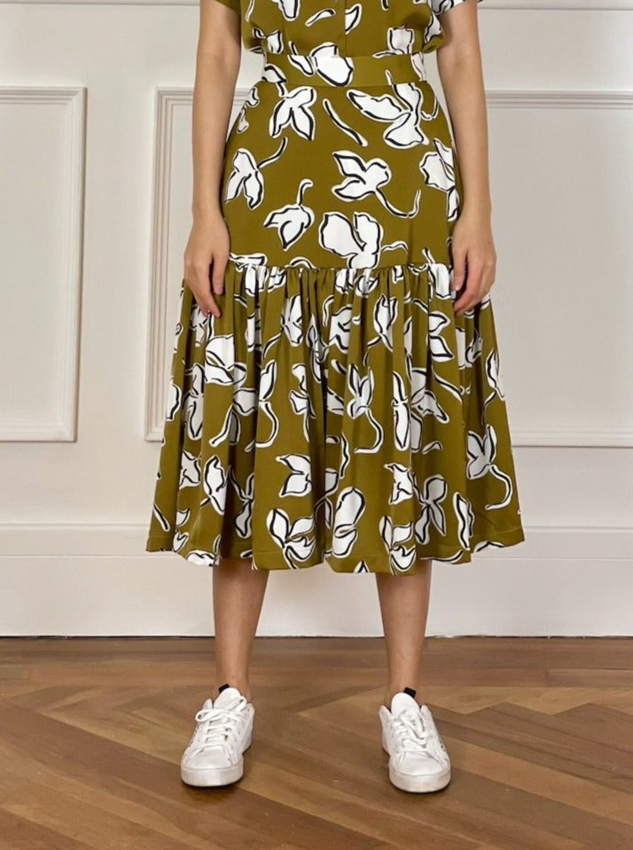 Gathered Flare Midi | Olive Green Crepe