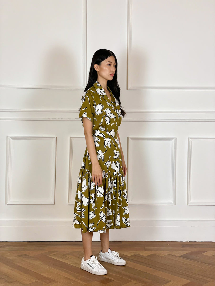 Gathered Flare Midi | Olive Green Crepe