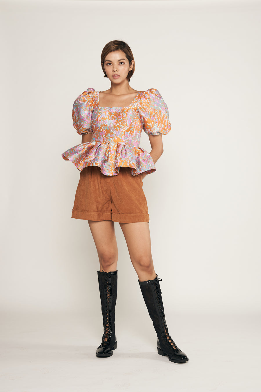 Statement Side Button Cuffed Shorts  | Mustard Brown