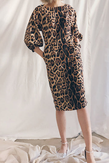 Balloon Sleeve Boat Neck Midi Dress | Leopard