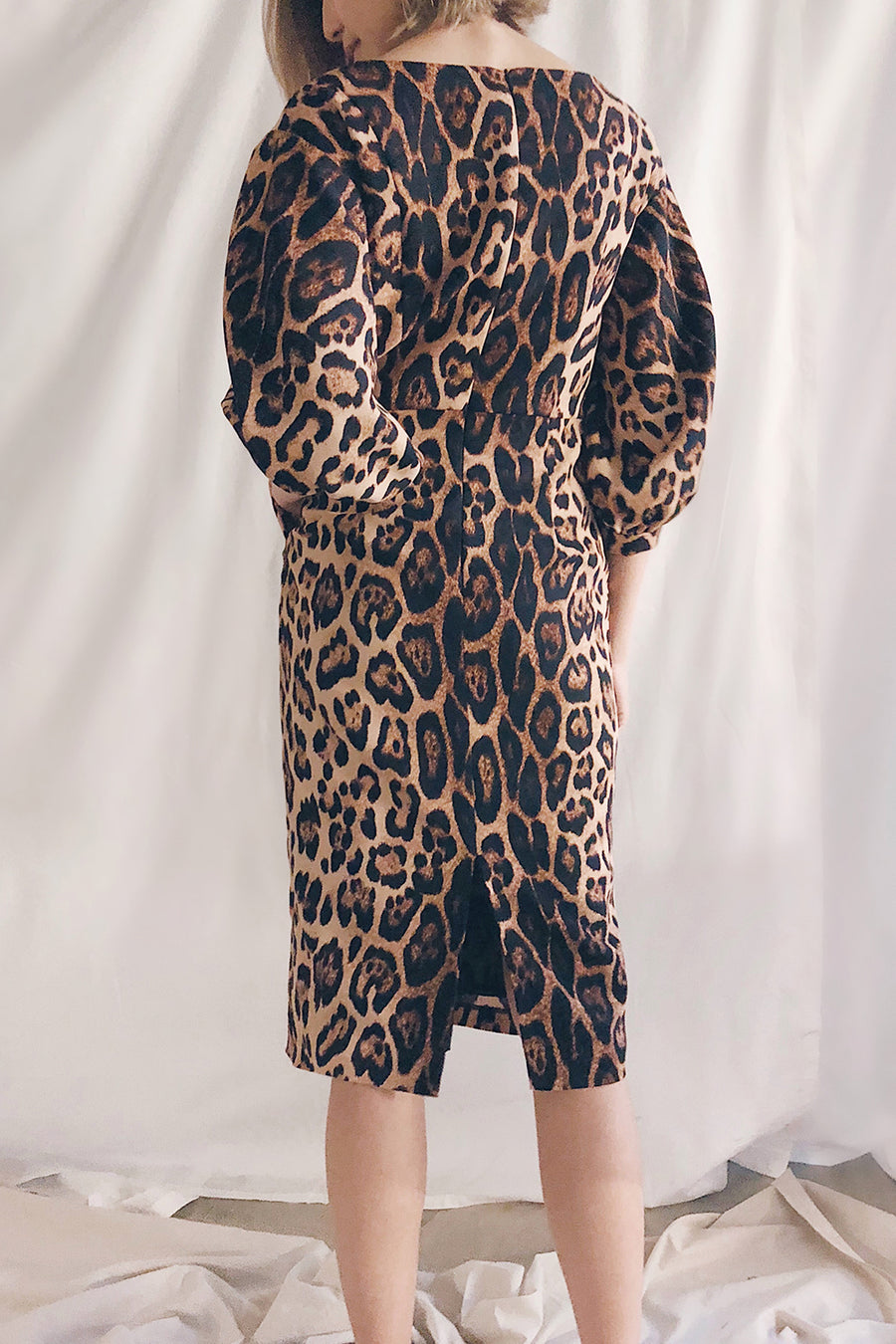 Balloon Sleeve Boat Neck Midi Dress | Leopard