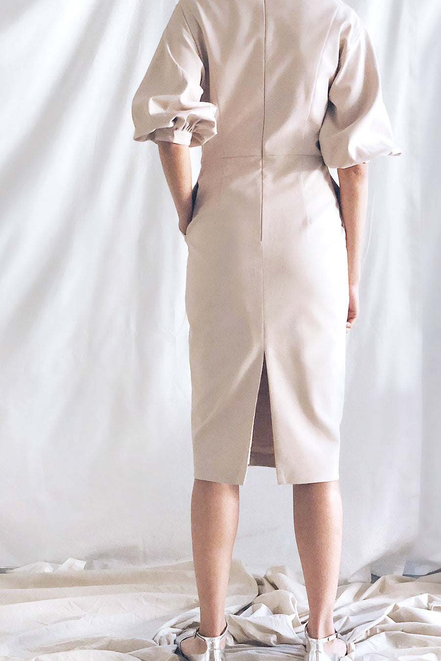 Balloon Sleeve Boat Neck Midi Dress | Beige