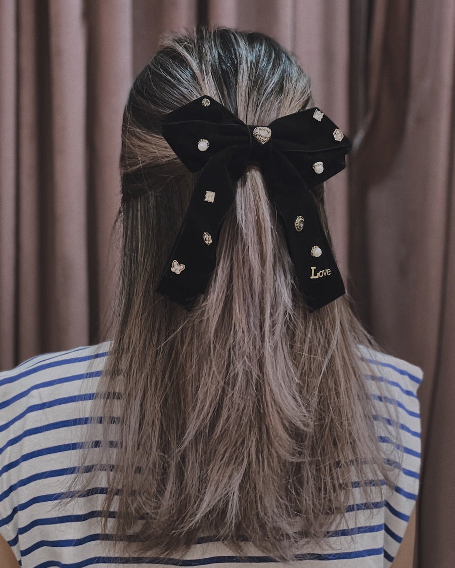 Bella Pearl Black Velvet Bow Barrette Hair Clip