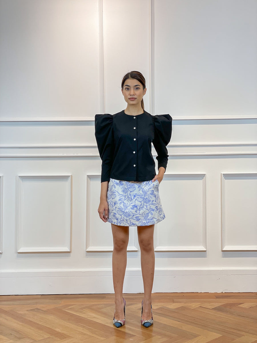 Long Puffed Sleeve Button Down Top | Black