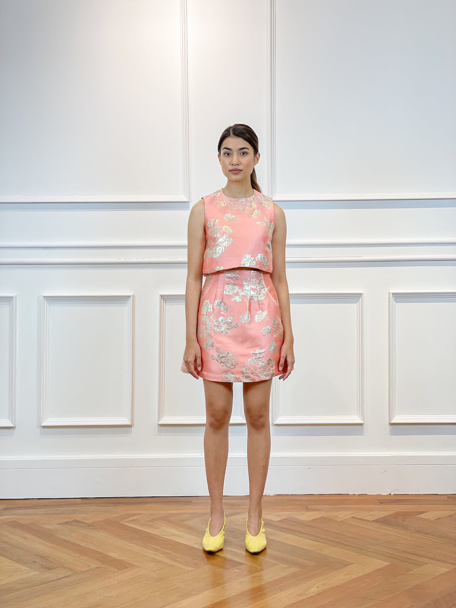 Brocade Sleeveless Crop Top | Coral Floral
