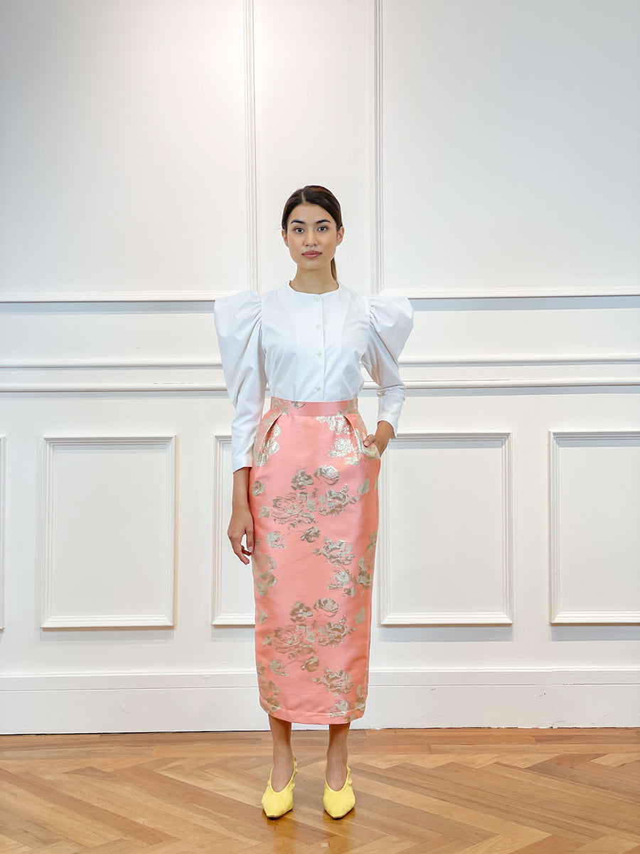 Brocade Maxi Pleated Pencil Skirt | coral