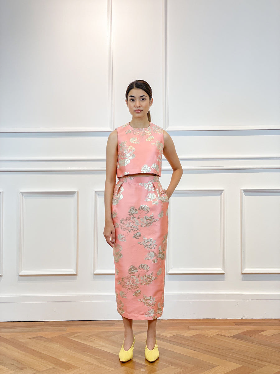 Brocade Maxi Pleated Pencil Skirt | coral