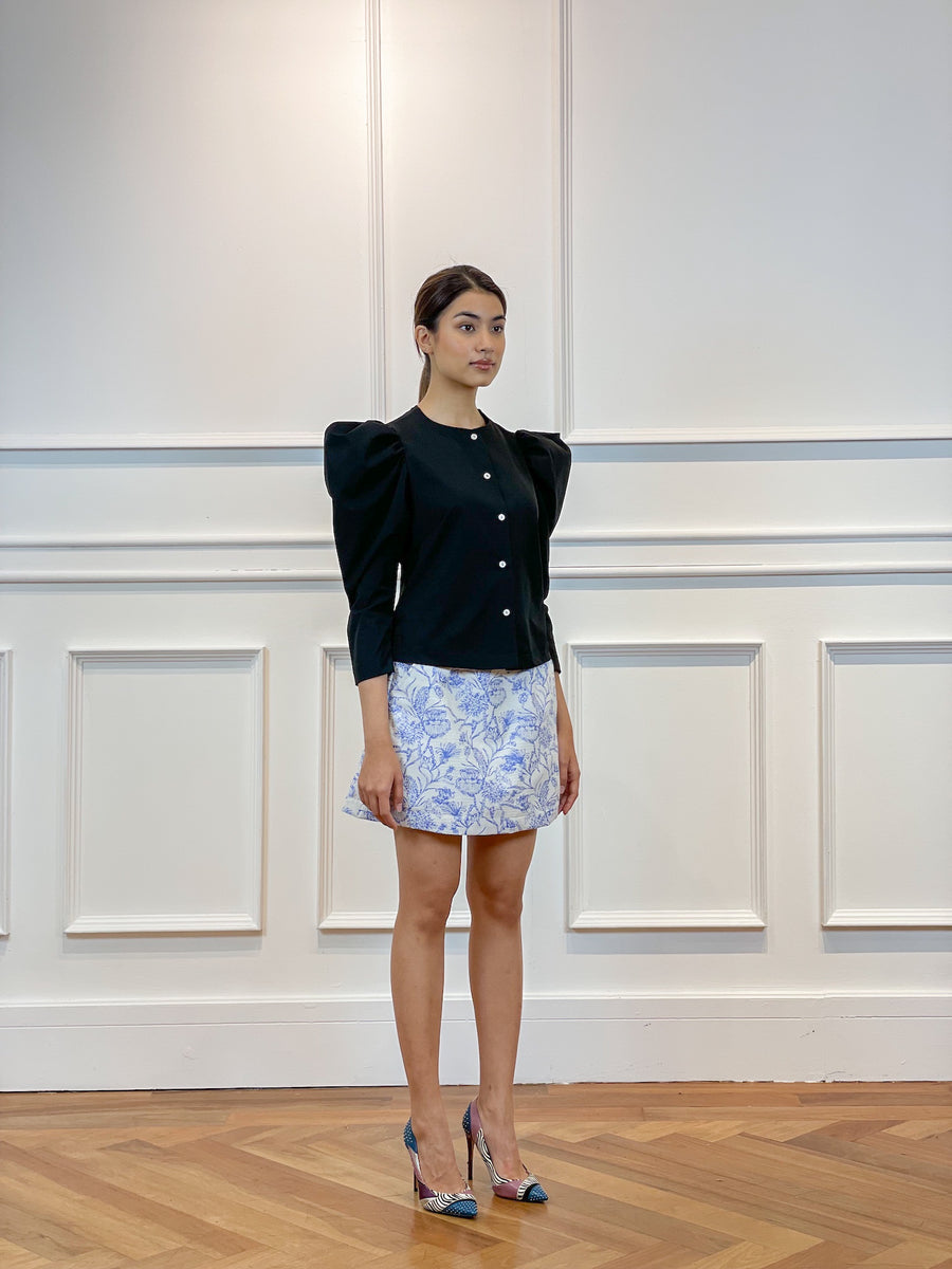 Long Puffed Sleeve Button Down Top | Black