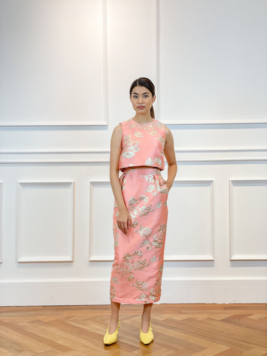Brocade Maxi Pleated Pencil Skirt | coral