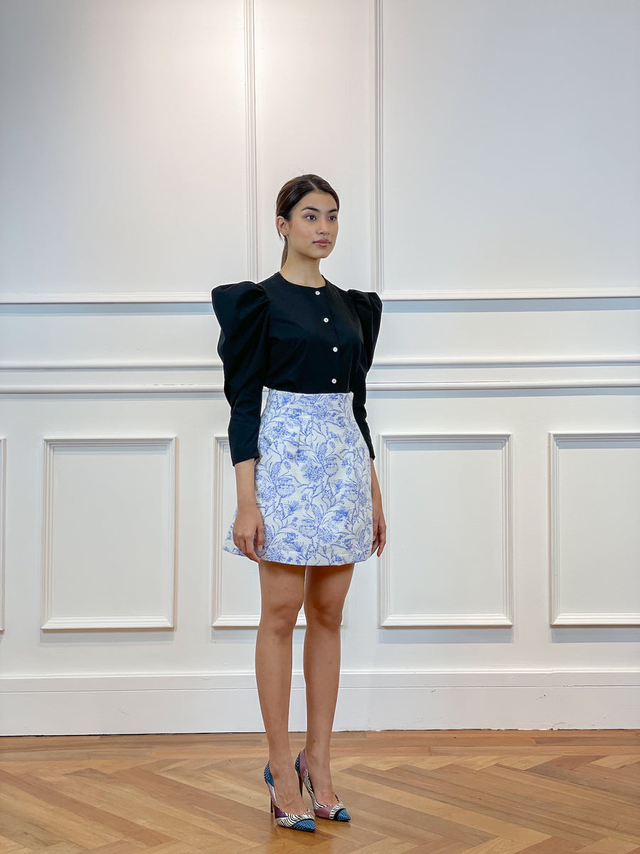Brocade High Waisted Mini Skirt | White Blue