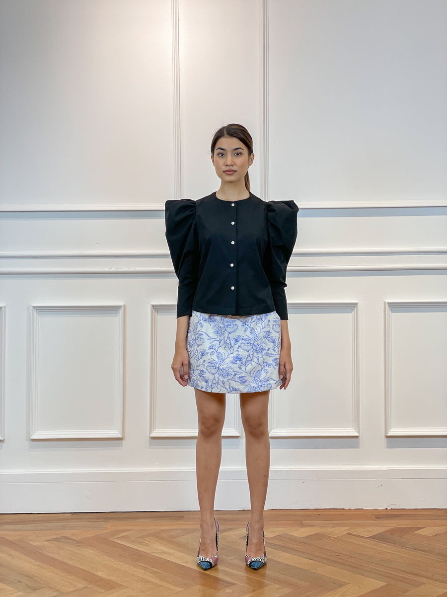 Long Puffed Sleeve Button Down Top | Black