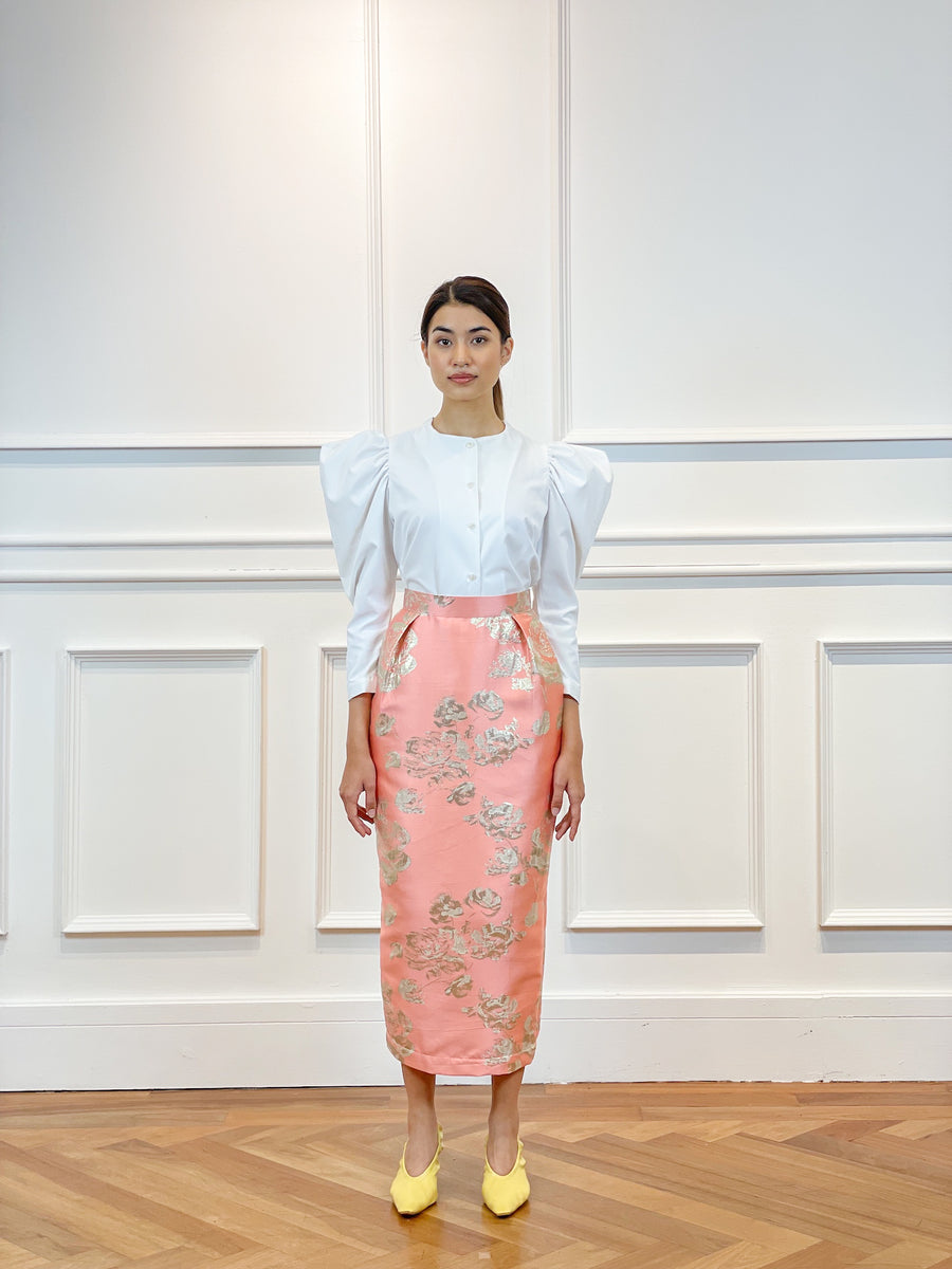 Brocade Maxi Pleated Pencil Skirt | coral