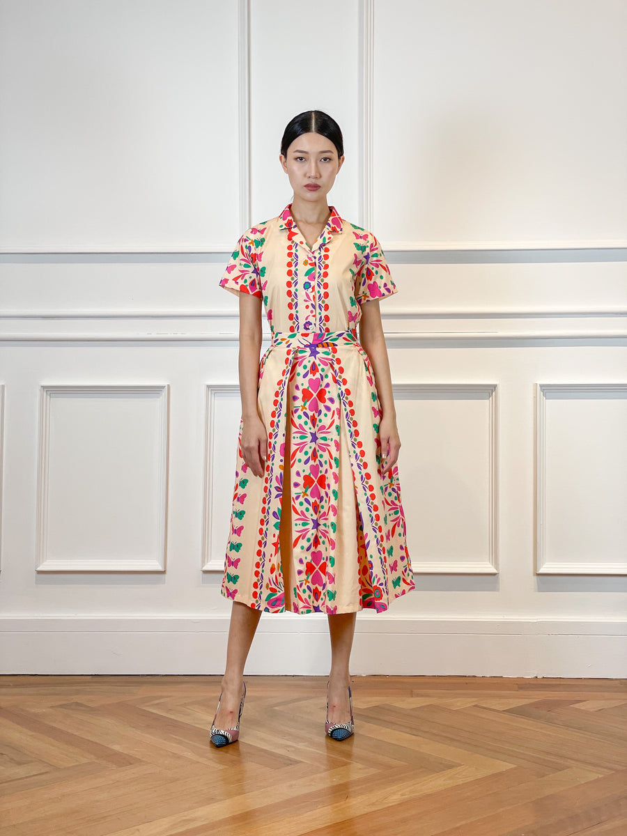 Pleated Flare Midi | Butterfly Floral Poplin