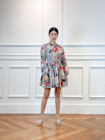 Flare Long Sleeve Mini Dress with Belt | White Floral