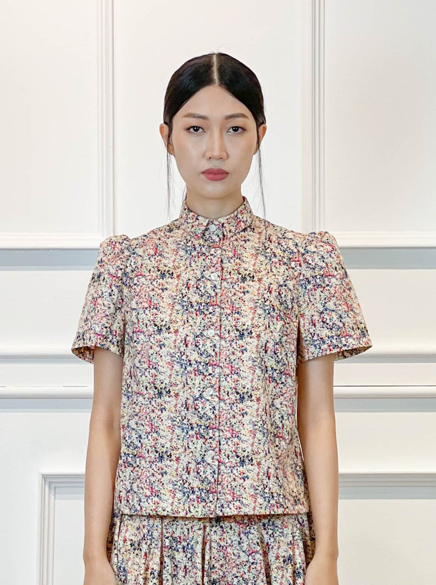 Puff Sleeve Button Down Top | Paint Splatter